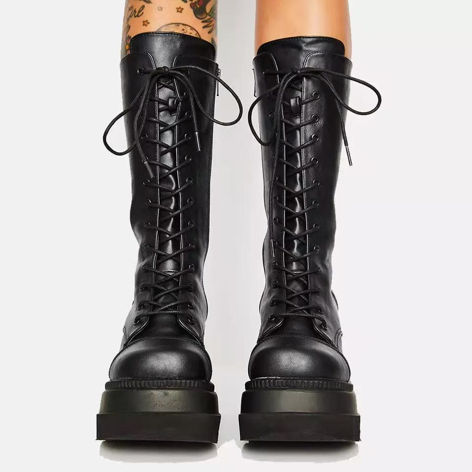 Damen Hochwertige Schnürstiefel mit Plateauabsatz und seitlichem Reißverschluss EB