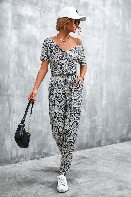 Damen elegante Jumpsuit im Snake-Print-Stil mit Taillengürtel und V-Ausschnitt EB