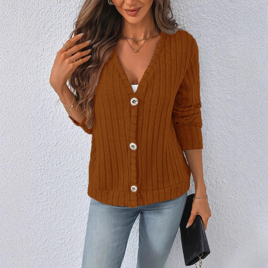 Damen nan gerippter V-Ausschnitt Strickcardigan mit dekorativen Knöpfen, leicht überschnittener Schulter und kastigem Saum EB