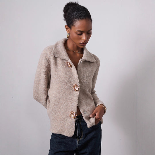 Damen elegante Strickjacke mit dekorativen Knopfdetails EB
