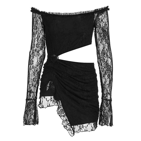 Damen Spitzenkleid mit asymmetrischem Saum und schulterfreiem Design EB