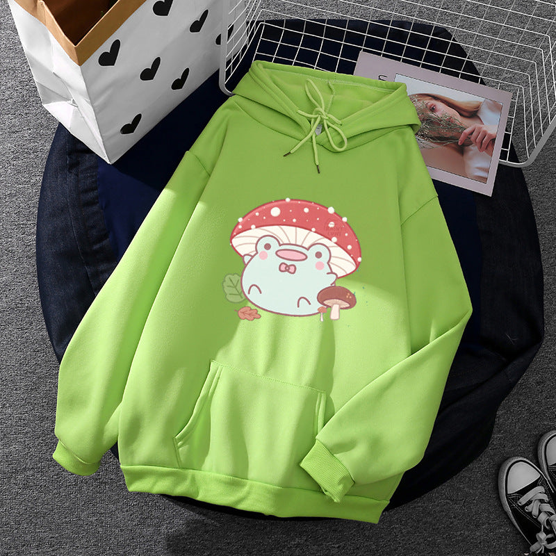 Damen nan weicher Oversize-Kapuzenpullover mit kawaii Pilzfrosch-Print, Kängurutasche und gerippten Bündchen EB