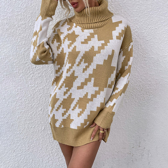 Damen Oversized Pullover mit Hohem Kragen und Modernem Muster EB