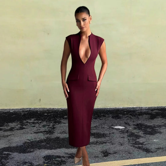 Damen elegantes Figurbetontes Kleid mit tiefem V-Ausschnitt und praktischen Taschen EB