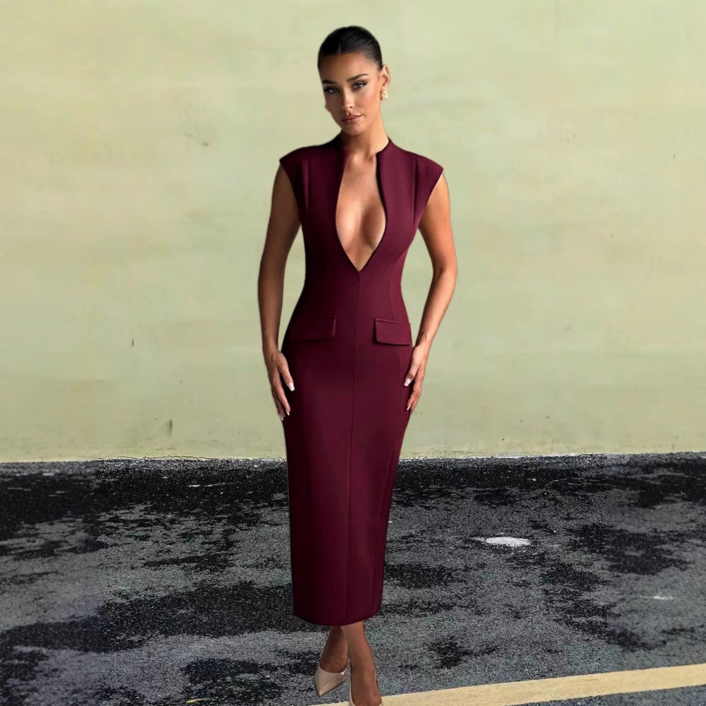 Damen figurbetontes Kleid mit tiefem V-Ausschnitt und eleganten Taschen EB