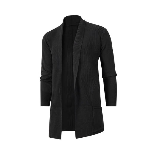 Damen nan langer offener Strickcardigan mit aufgesetzten Taschen und Schalkragen EB