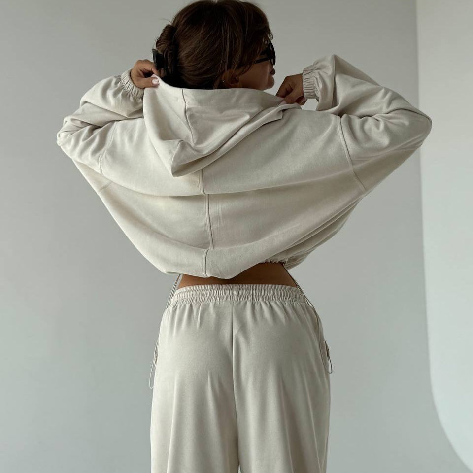 Damen Velours-Cropped-Kapuzenjacke mit Ballonärmeln und weiter Palazzo-Sweathose EB