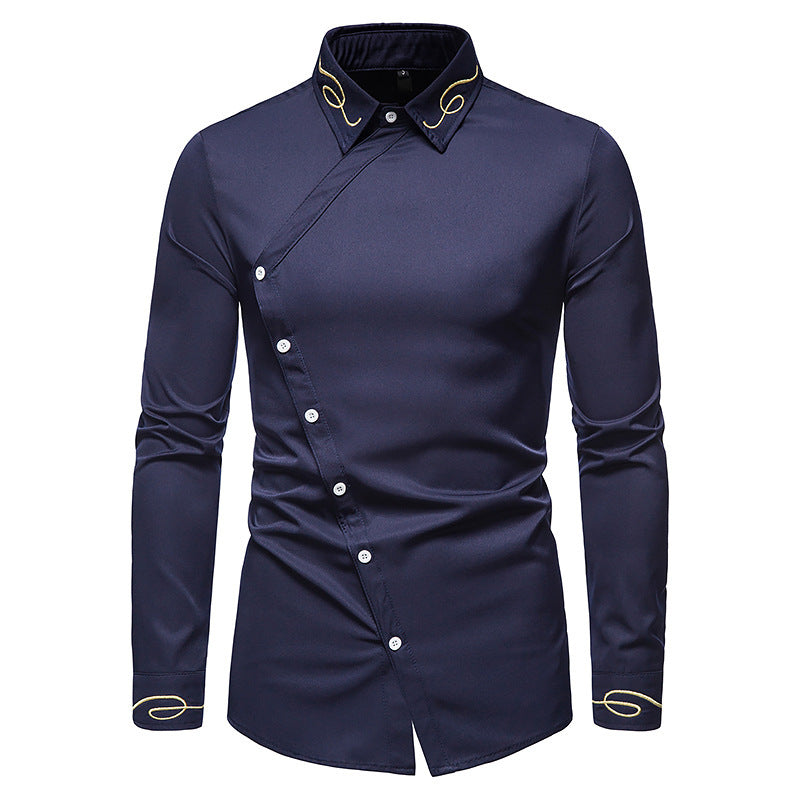 Herren Elegantes Langarmhemd mit asymmetrischem Knopfdesign und gesticktem Kragen EB