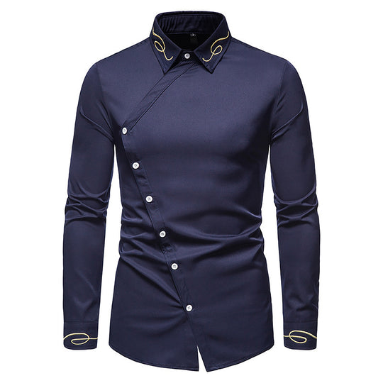 Herren Elegantes Langarmhemd mit asymmetrischem Knopfdesign und gesticktem Kragen EB
