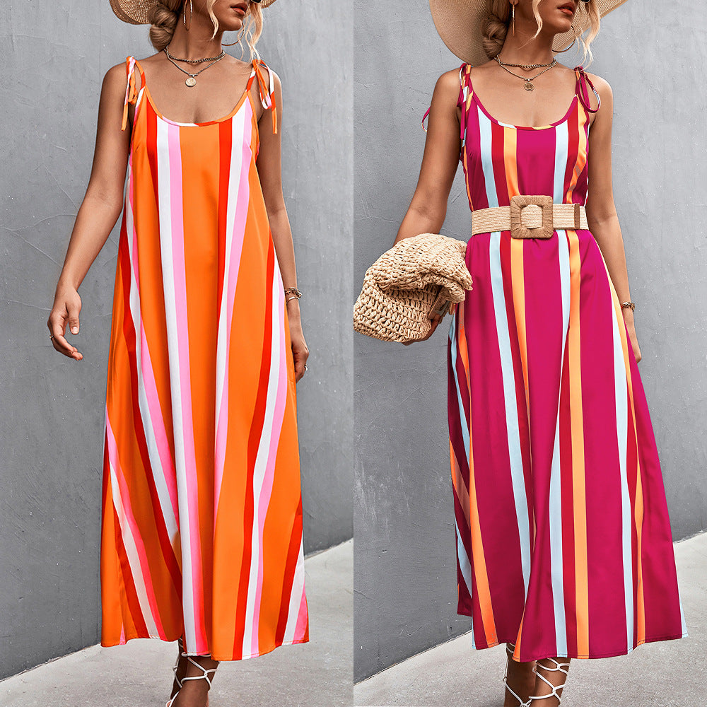 Damen Maxikleid mit modischen Streifen und taillierendem Gürtel EB