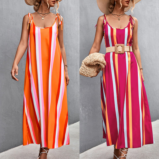 Damen Maxikleid mit modischen Streifen und taillierendem Gürtel EB
