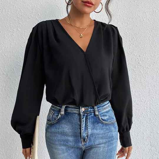 Damen Wickelbluse mit V-Ausschnitt, gepufften Schultern und elastischem Saum EB
