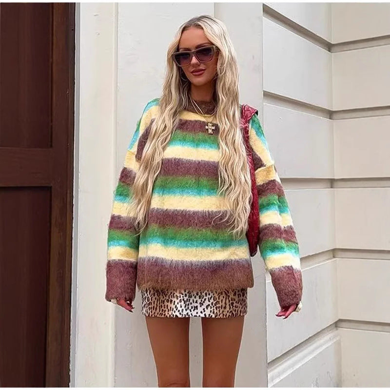 Damen Oversized Strickpullover mit farbenfrohen Streifen EB
