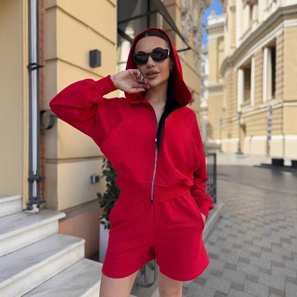 Damen lässiges Cropped Hoodie- und Shorts-Set mit praktischen Kordelzügen EB