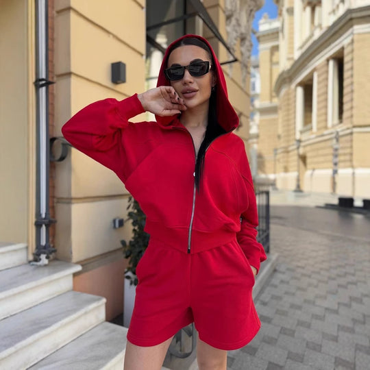 Damen lässiges Cropped Hoodie- und Shorts-Set mit praktischen Kordelzügen EB