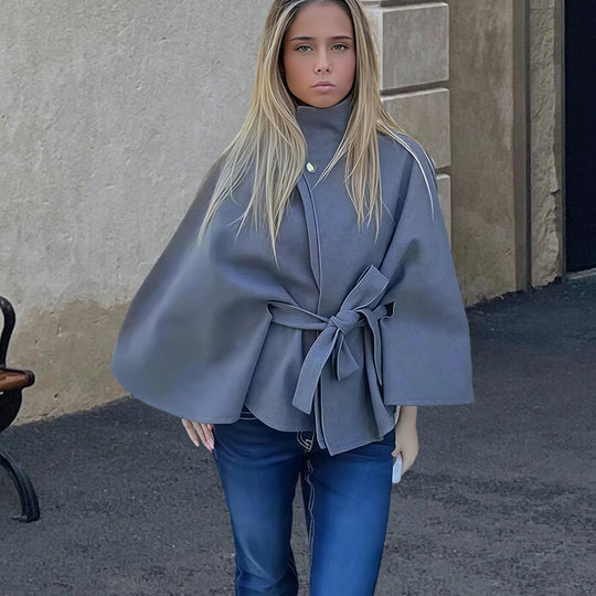 Damen Kapuzenjacke mit Wickelgürtel und elegantem Stehkragen EB