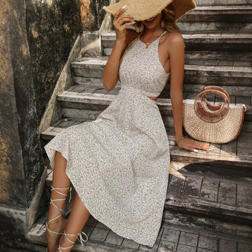 Damen Maxikleid mit floralem Design und schwingendem Saum EB
