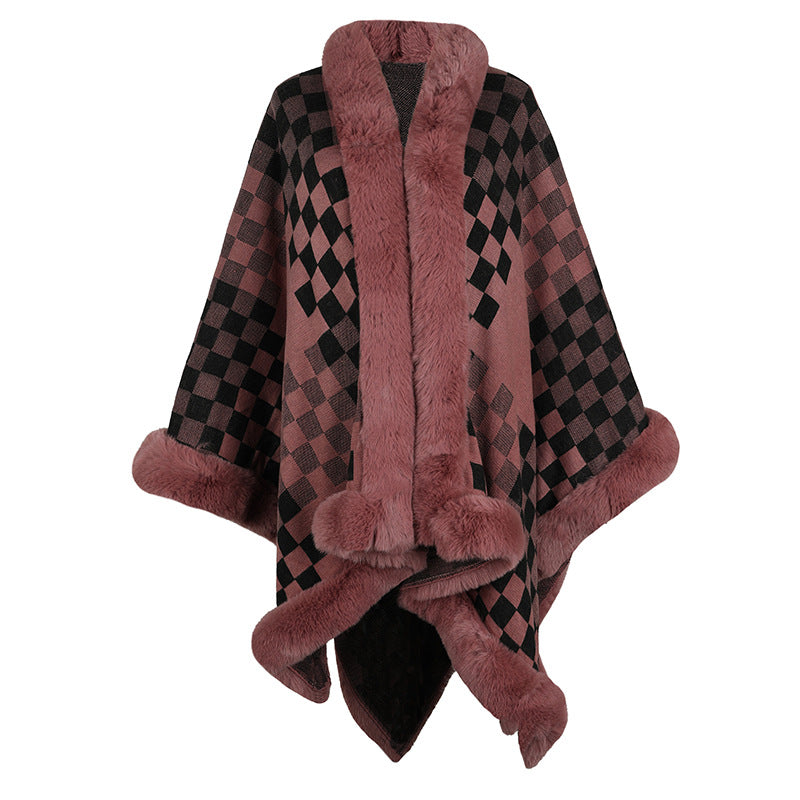 Damen eleganter Strickponcho mit luxuriösem Kunstfellbesatz und geometrischem Muster EB