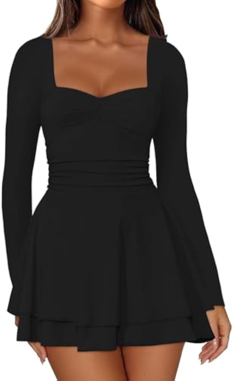 Damen Langarm-Minikleid mit quadratischem Ausschnitt, taillierter Raffung und zweilagigem Volantrock EB