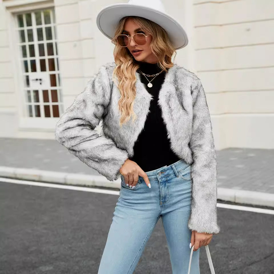 Damen Kurzjacke aus Kunstpelz mit weitem Schnitt und flauschigen Ärmeln EB