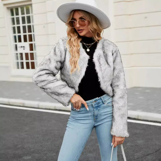 Damen Kurzjacke aus Kunstpelz mit weitem Schnitt und flauschigen Ärmeln EB