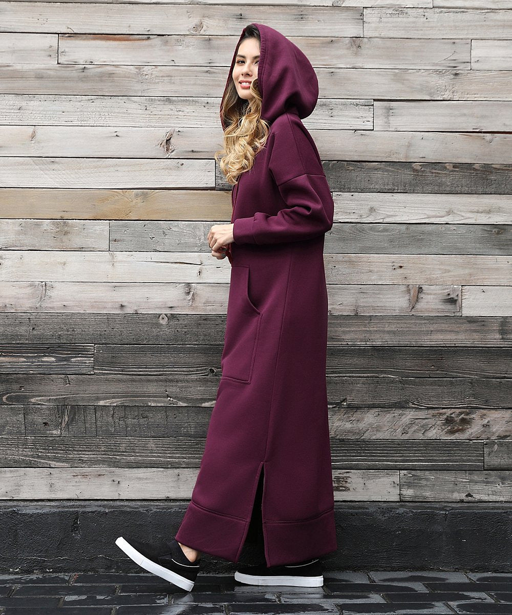 Damen nan langes Kapuzen-Sweatkleid mit Kängurutasche, Seitenschlitzen und lockerer Oversize-Passform EB