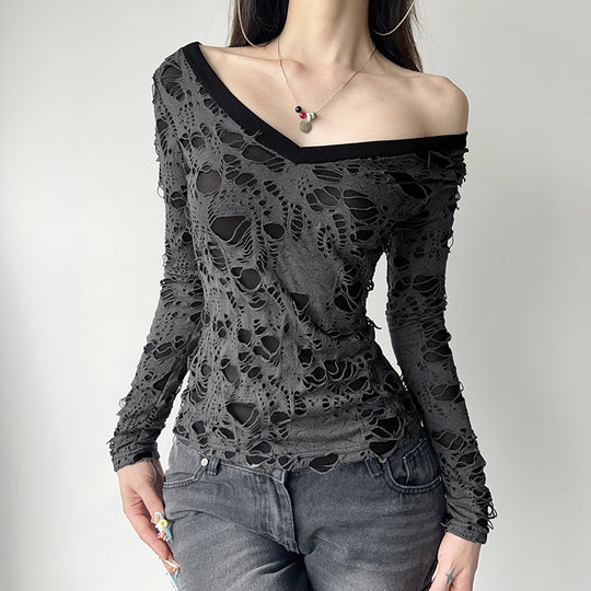 Damen nan transparentes Distressed-Spitzenshirt mit V-Ausschnitt, langärmeligem Layer-Look und innenliegendem Cami EB