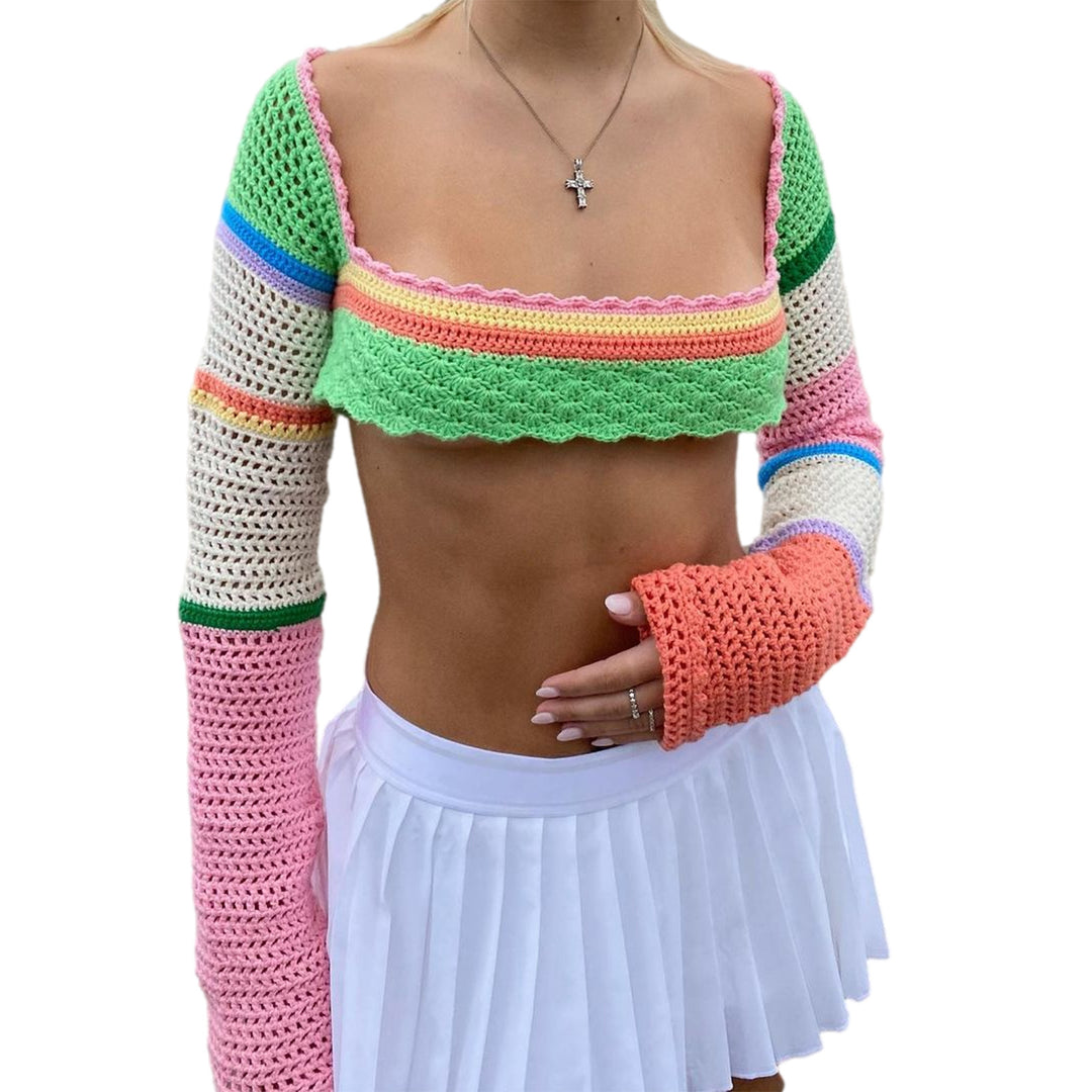 Damen gehäkeltes Crop-Top mit langem Arm und bunten Streifen EB