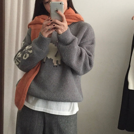 Damen kuscheliger Strickpullover mit aufwendigem Tiermotiv EB