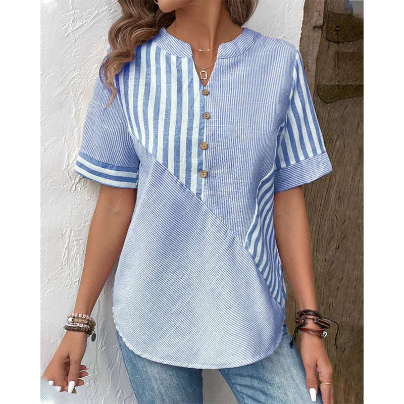 Damen Kurzarm Blusenshirt im gestreiften Design mit Knopfdetails EB