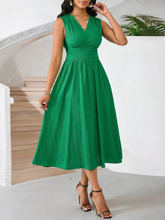 Damen Elegantes Midikleid mit V-Ausschnitt und fließendem Rock EB