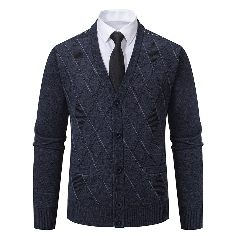 Herren nan feiner Rauten-Strickcardigan mit V-Ausschnitt, Knopfleiste und Eingriffstaschen EB