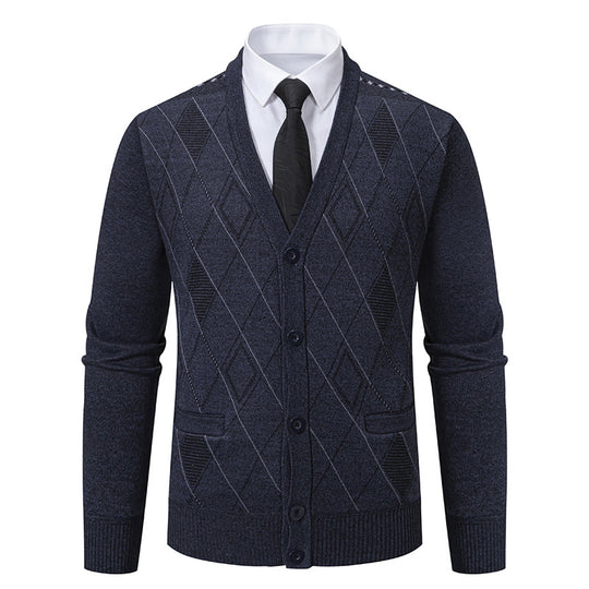 Herren nan feiner Rauten-Strickcardigan mit V-Ausschnitt, Knopfleiste und Eingriffstaschen EB