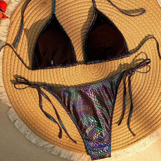 Damen Triangel-Bikini mit schimmerndem Schlangendesign EB