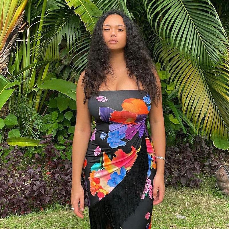 Damen Cocktailkleid mit raffinierten Fransen und floralem Print EB
