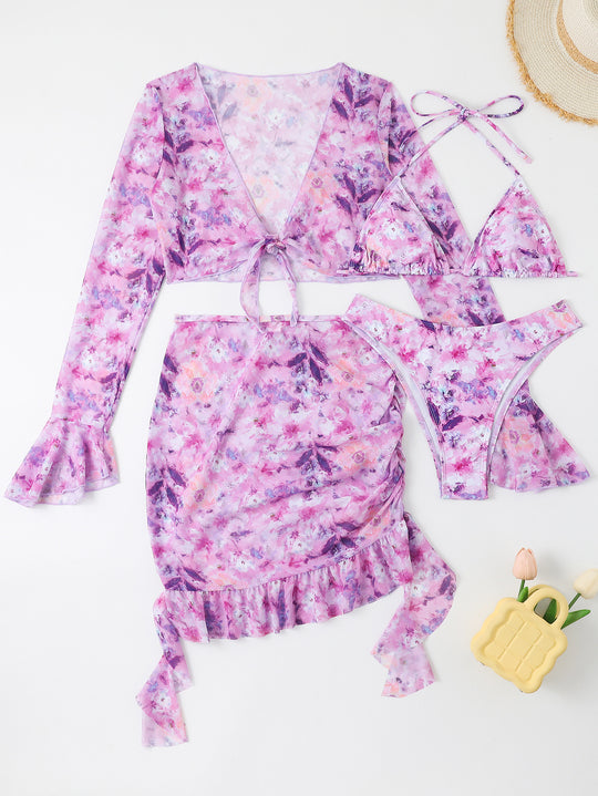 Damen Blusen-Badeoutfit mit buntem Blumenmuster EB