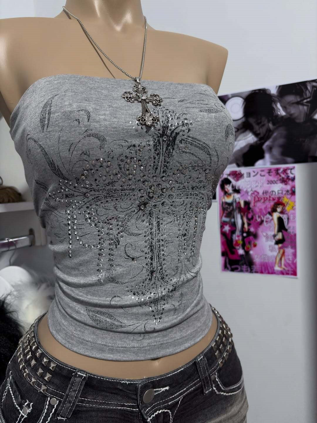 Damen schulterfreies Top mit eleganter Strass-Verzierung EB