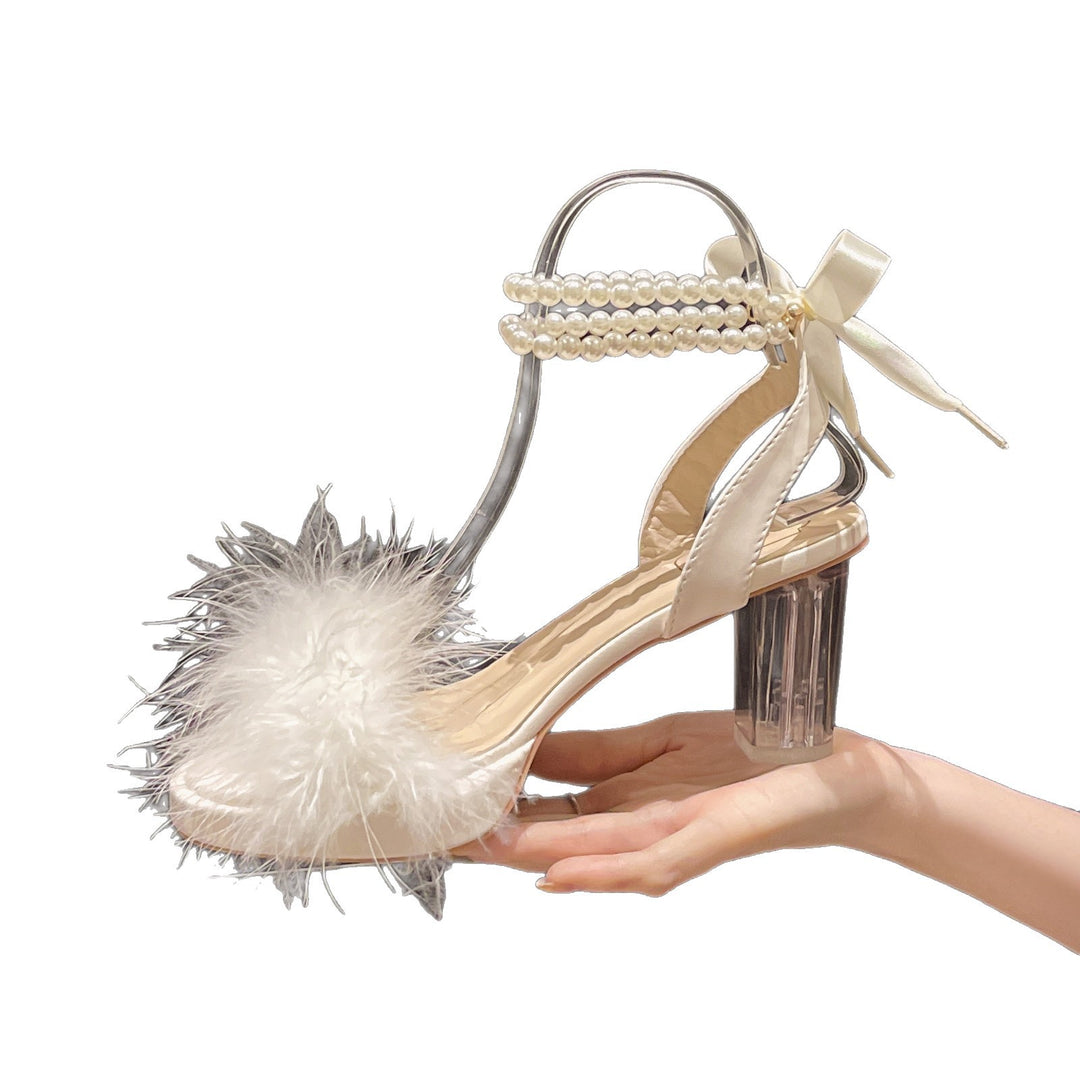 Damen transparente High Heels mit elegantem Federbesatz und Perlenschmuck EB