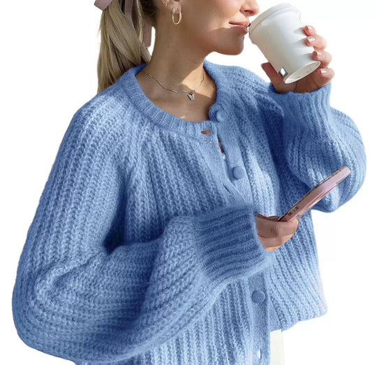 Damen Oversize Mohair-Effekt Strickjacke mit Rippenstruktur und Rundhalsausschnitt EB