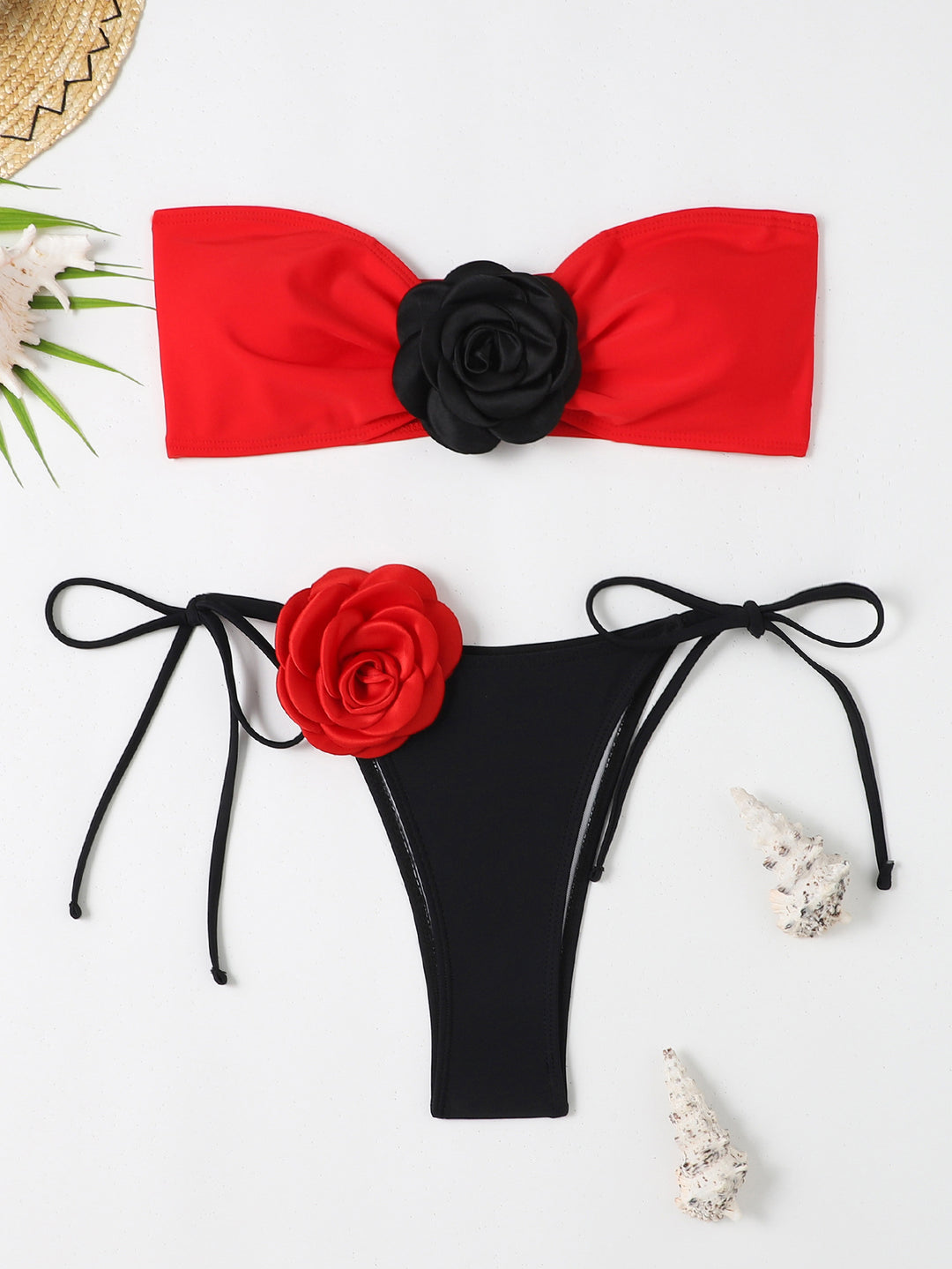 Damen Bandeau Bikini mit Blumenapplikation EB