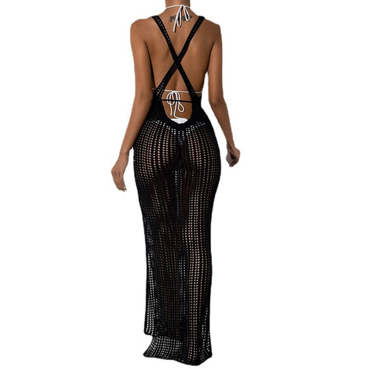 Damen gehäkeltes Maxikleid mit tailliertem Schnitt und seitlichem Kordelzug EB