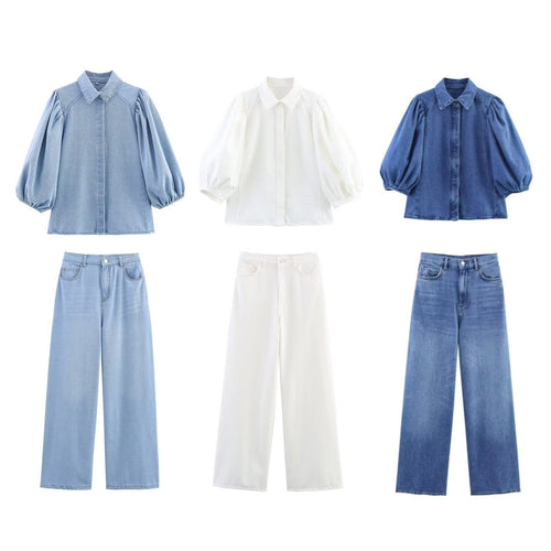 Damen luftige und strukturierte Bluse mit Balloonärmeln und weiten Jeans EB