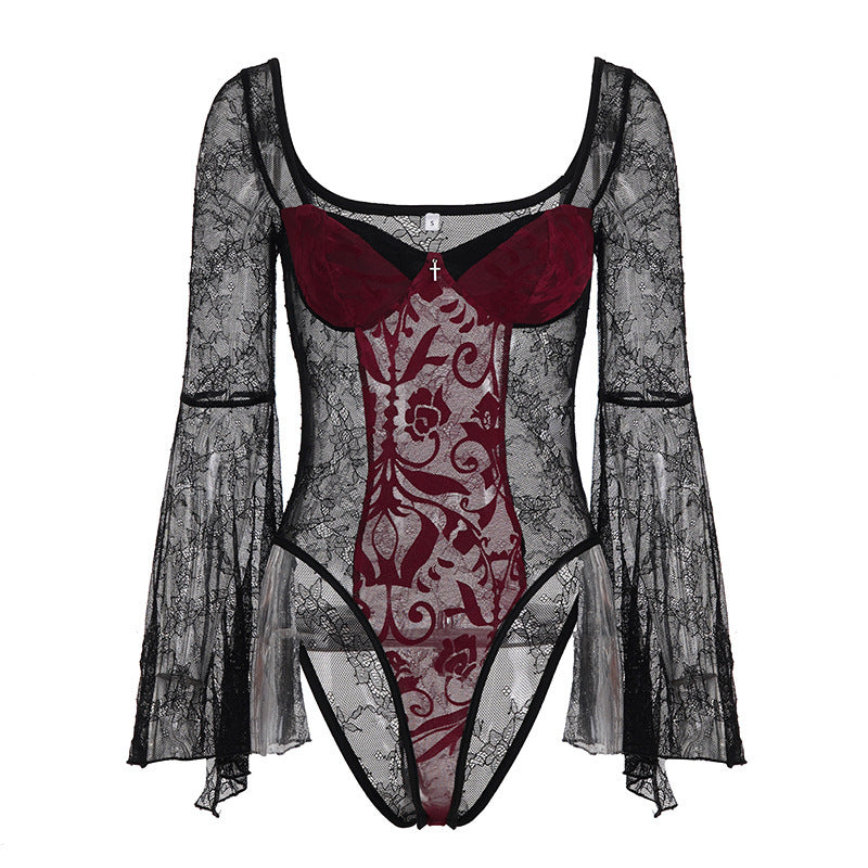 Damen Spitzen-Bodysuit mit voluminösen Ärmeln und eleganten Verzierungen EB