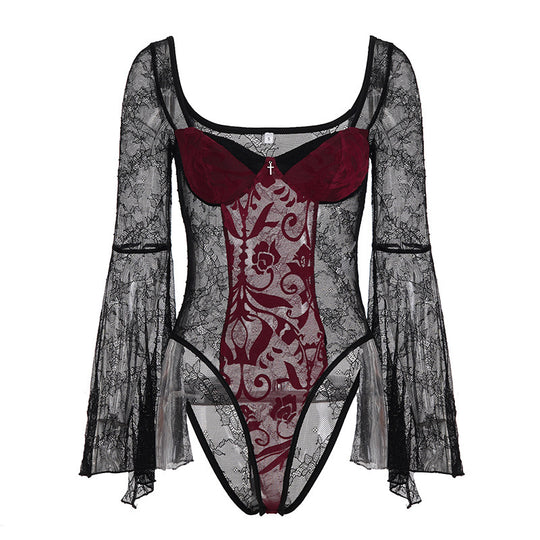 Damen Spitzen-Bodysuit mit voluminösen Ärmeln und eleganten Verzierungen EB
