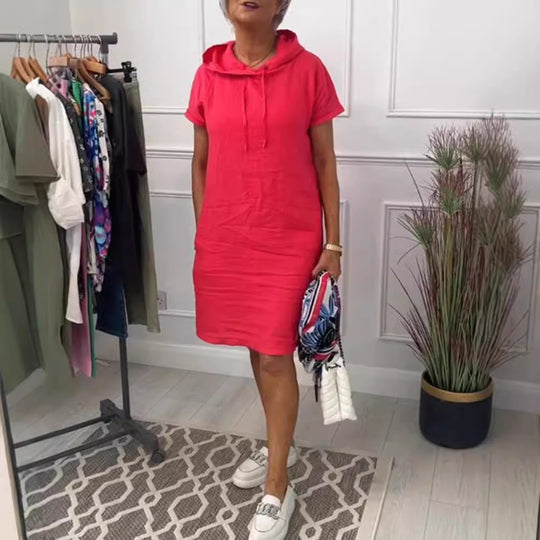 Damen nan legeres Kapuzenkleid mit kurzem Ärmel, geradem Schnitt und Kordelzug EB