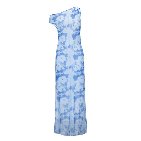 Damen Maxikleid mit asymmetrischem One-Shoulder-Design und zartem Blumendruck EB