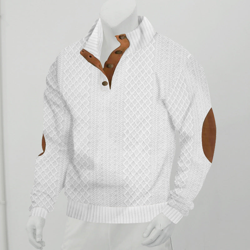 Herren Strukturiertes Zopfmuster-Henley-Pullover mit Lederbesatz an Ellbogen & Knopfleiste EB