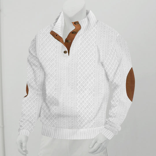 Herren Strukturiertes Zopfmuster-Henley-Pullover mit Lederbesatz an Ellbogen & Knopfleiste EB