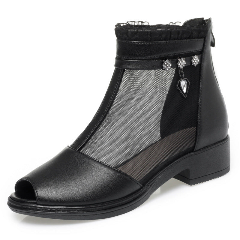Damen Modische Ankle Boots mit transparentem Mesh-Einsatz und eleganten Schmuckdetails EB