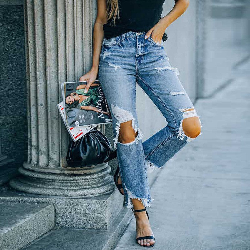 Damen High-Waist Mom-Jeans mit modischen Rissen und fransigem Saum EB